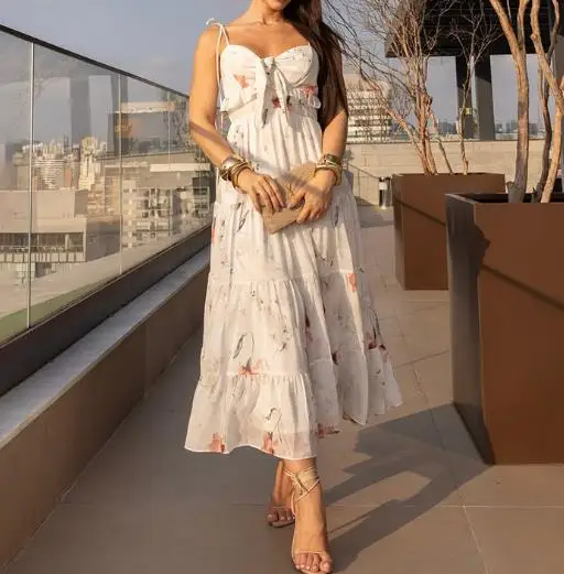 

Summer 2025 Floral Print Sleeveless Camisole Dress for Women, Casual and Elegant, Lace Up Waist Cinched A-Line Camisole Dress