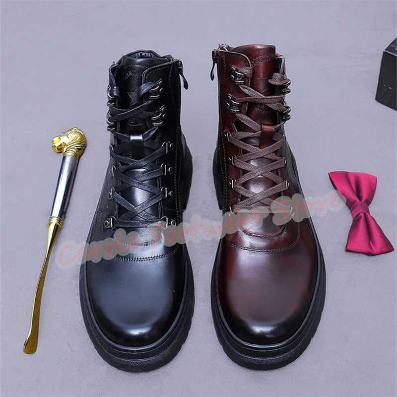 Sepatu Boots Kulit Asli Pria Model Tinggi dengan Tali Silang Gaya Inggris, Ujung Bulat, Sol Tebal, Tinggi Setengah Betis, Sepatu Luar Ruangan Pria