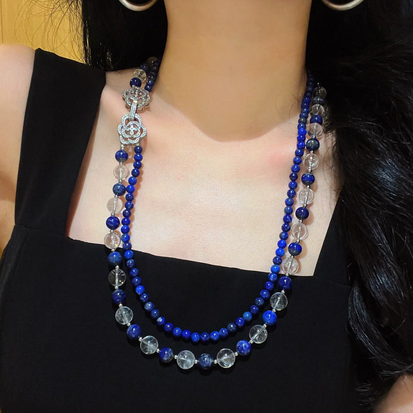 

Natural lapis lazuli and white crystal multi-layer layered sweater necklace
