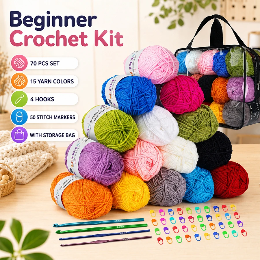 70/83pcs Beginner Crochet Set with 15/28 Color Yarn Balls 4 Sizes of Hooks Notation Ring Storage Bag DIY Hand Crochet Kit