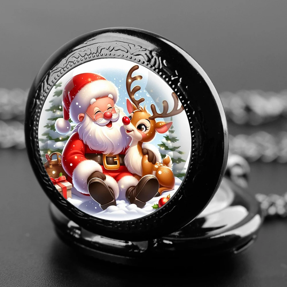 Christmas Santa and Moose Glass Dome Quartz Pocket Watch With Durable Chain Arabic Numeral Dial Extraordinary Gifts for Men Kids