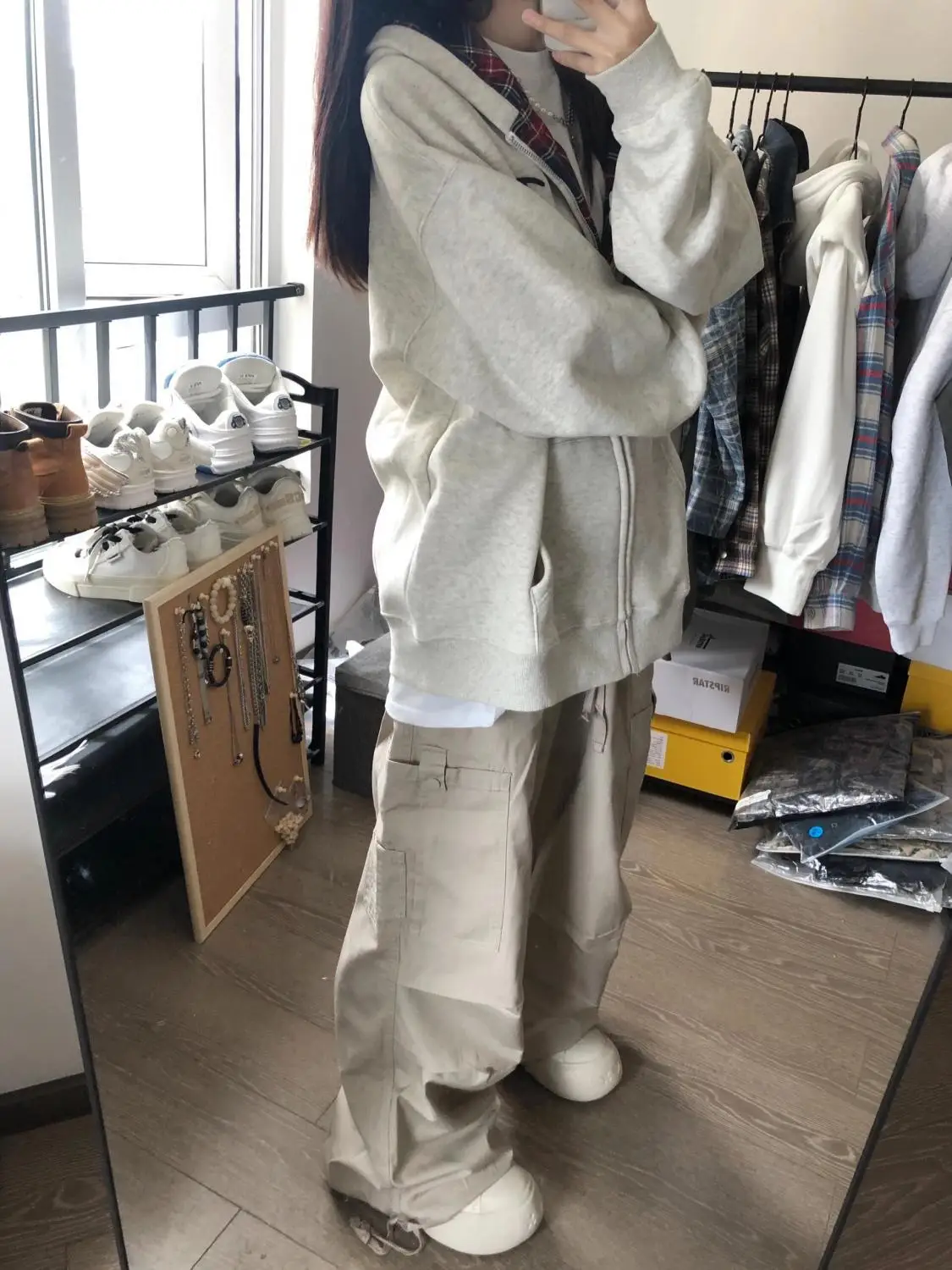 Suda con Capucha de Estilo Retro Americano a Cuadros, Talla ande, con Forro Polar, Cárdigan Abierto, Prenda Exterior Mo...