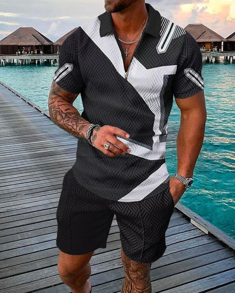 Diamond Lattice Summer Men Polo Shirt Set Casual Lapel Tracksuit Male Fashion Oversized Clothing Golf Wear Outfits Streetwear