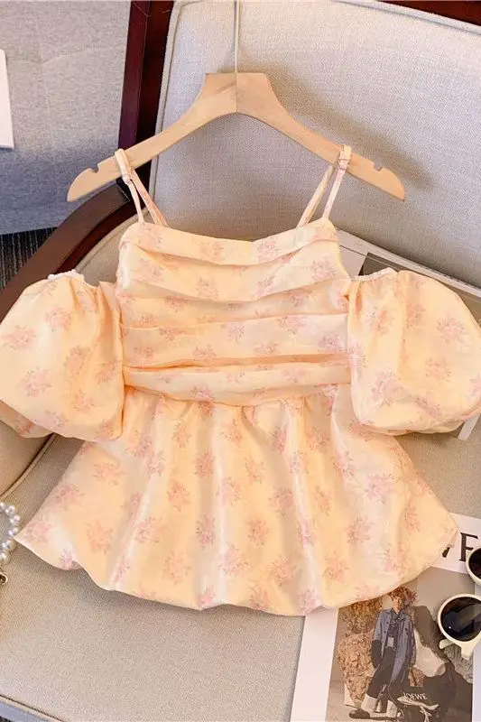 

2024 New Off Shoulder Floral Bustier Crop Top French Chic Blouse Unique Puff Sleeve Shirt Trendy Minimalist Design Fashionable