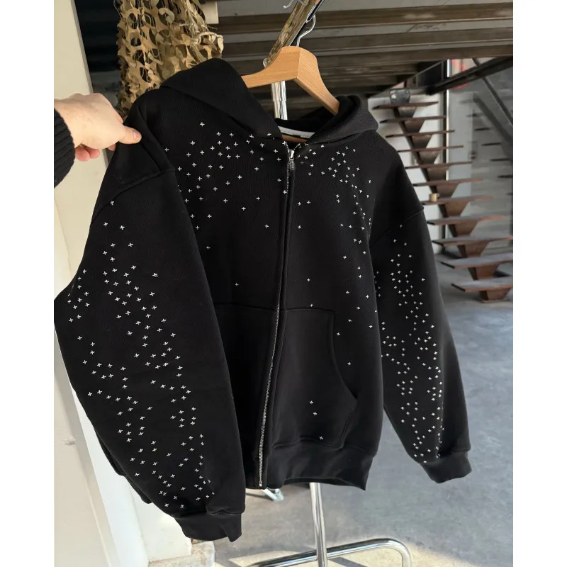 European and American dark gothic cross and star pattern brick-print hooded sweater with zipper jacket