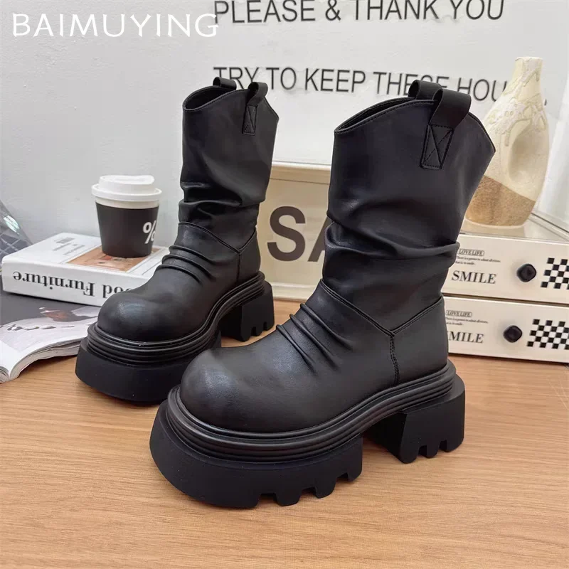 Platform Snow Ankle Boots for Women Chunky Leather Shoes Woman 2024 Trend Winter New Sneakers Goth Motorcycle Botas De Mujer