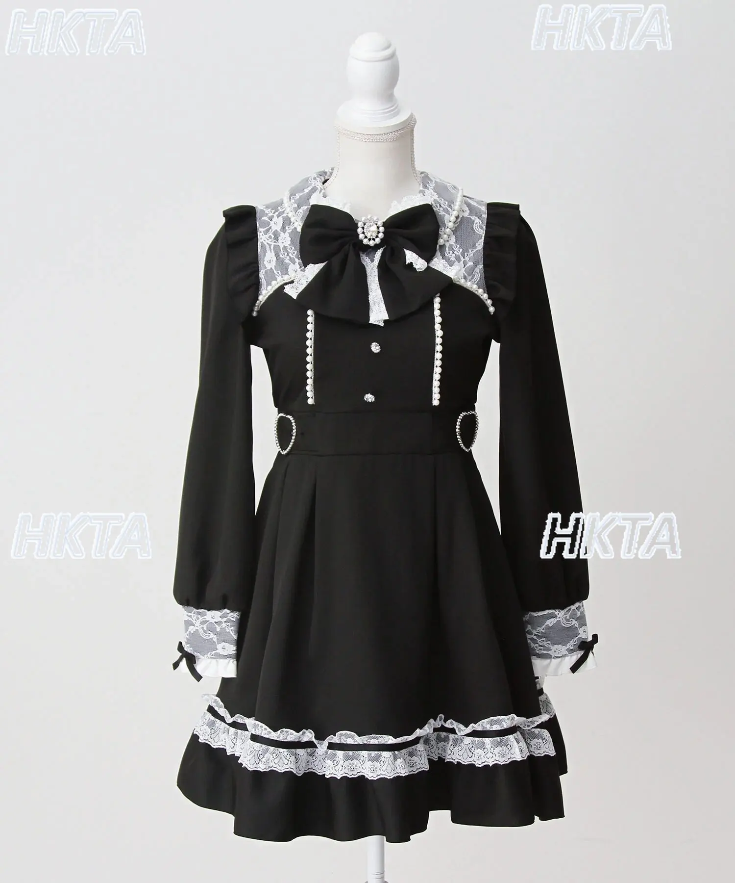 Japanese Heavy Industry Rhinestone Daily Casual Sweet Lace Short Dress Autumn Versatile Bow Ruffle Lolita Mini Dresses Women