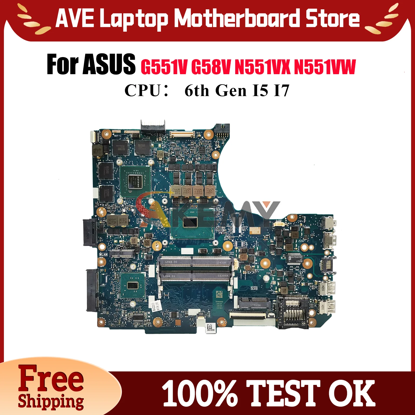 

N551VW Laptop Motherboard For ASUS ROG N551VX G551V G58V N551V N551VW Notebook Mainboard With I5 I7 CPU 100% tests OK fast ship