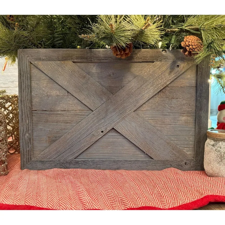 

Rustic Reclaimed Wood Christmas Tree Collar with Slate Blue Hook--Loop Panels for Farmhouse Decor Natural Finish 37x27 in. Easy