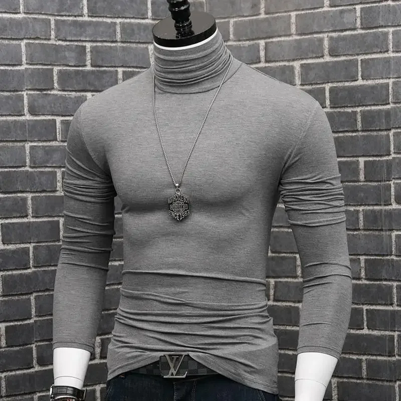 Luxury Men's Casual Turtleneck T-Shirts Autumn and Winter Tops Slim Collar Full Sleeve Innerwear Undershirt Golf Wear Men Tee