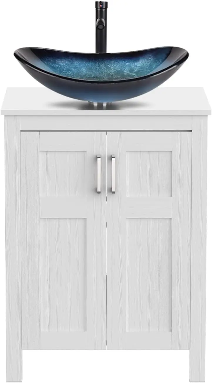 Tocador de baño de 24" con lavabo, tocador de baño blanco y lavabo combinado con grifo y juego de drenaje emergente, tocador tradicional