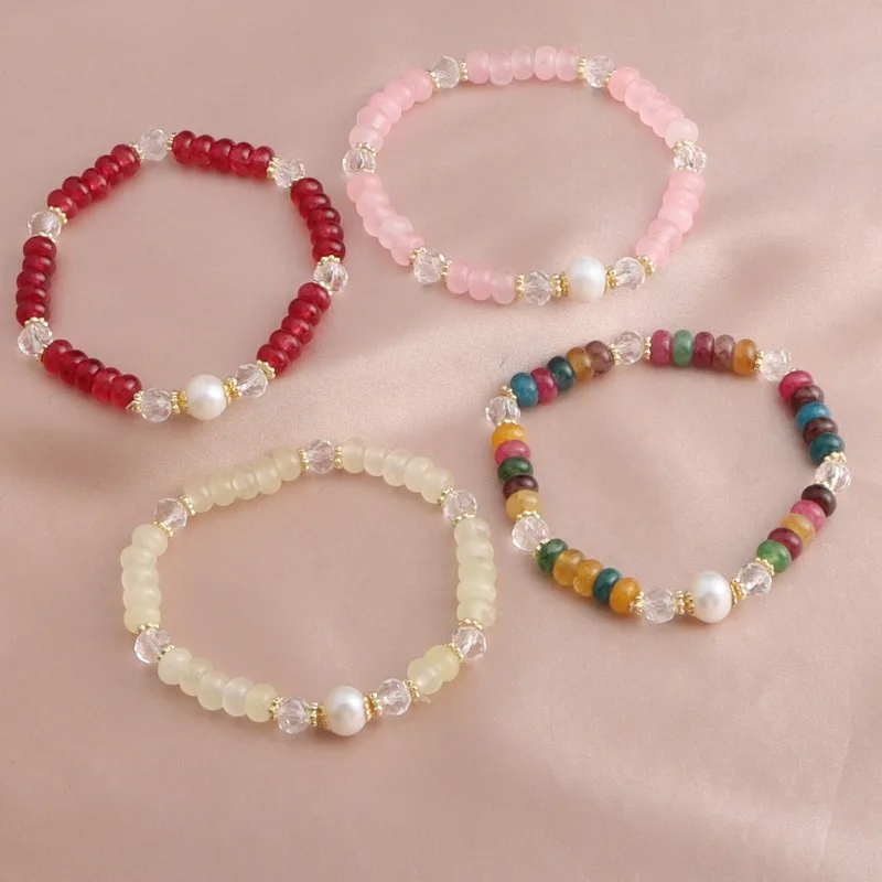 Minar Trendy Multicolor Natural Stone Crystal Agalmatolite Red Agate Freshwater Pearl Beads Beaded Strand Bracelets for Women