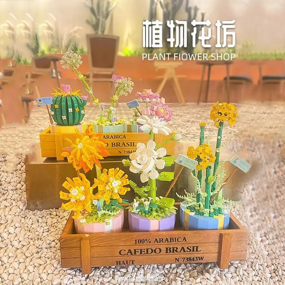 Flower Building Blocks Desktop Succulent Potted Ornaments Diy Small Particles Assembled Children Girl Toy Gift Compatible Lego