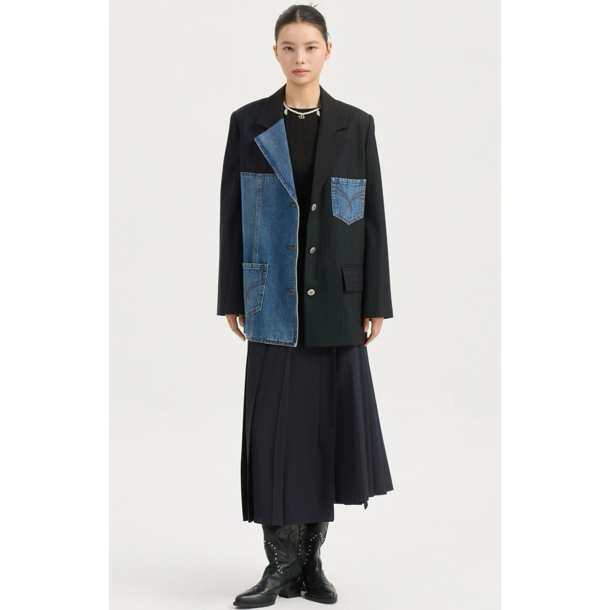 

Lemon Cheese LUC25 Autumn Casual Collar Denim Patchwork Stripe Long Sve Woolen Suit Jaet Women's Loose Fit Commute Sle