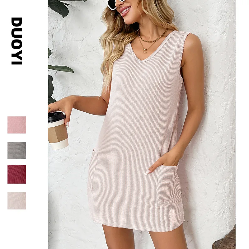 

New Women's Spring Summer Pullover Vest Solid Pocket Dress