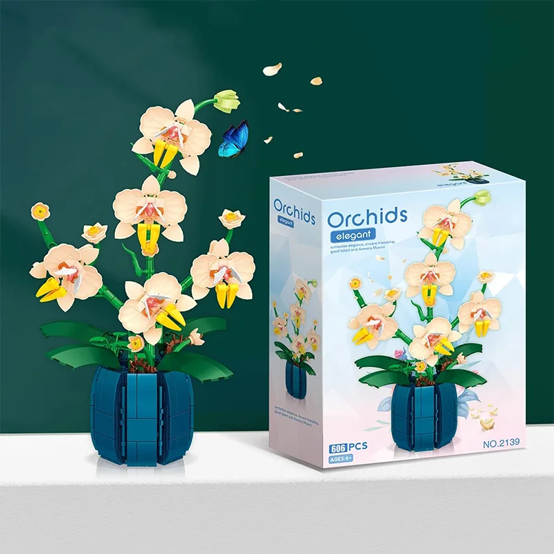 Orchidee Bloemen Boeket Bloem Bouwstenen Set Blok Bonsai Plant Model Bakstenen Romantisch DIY Valentijnsdag Speelgoed Voor Kinderen Cadeau