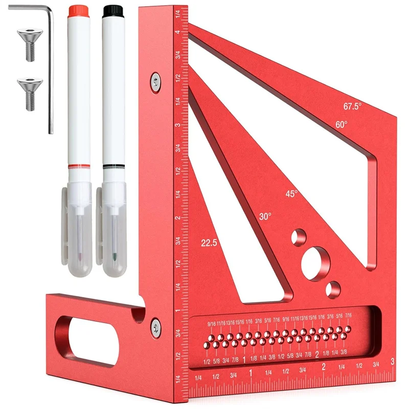 3D Multi Angle Measuring Ruler With 2 Pens, 22.5-90 Degree Aluminum Alloy Woodworking Square, Drawing Line Ruler-New