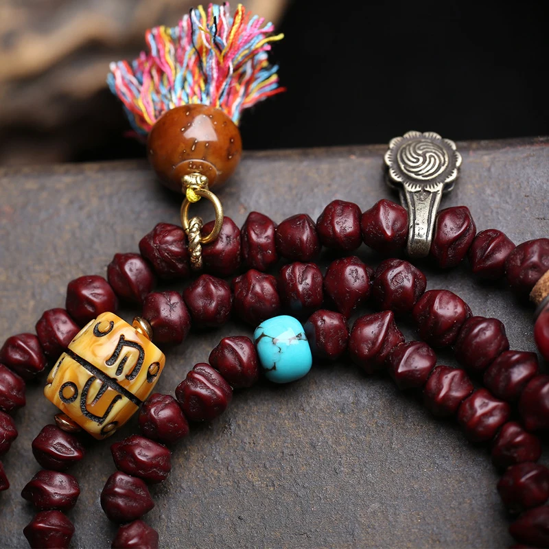 Tibetan-Style 108-Bead Bodhi Necklace With Semi-Blood Bone Three-Way Connector And Purple Gold Rat Accessory