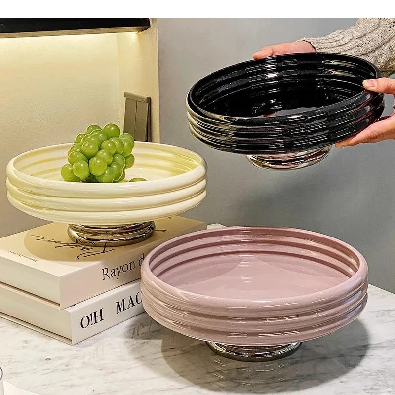 Solid Color High Legged Ceramic Fruit Plate Living Room Beauty Candy Snack Nut Tray Storage Container