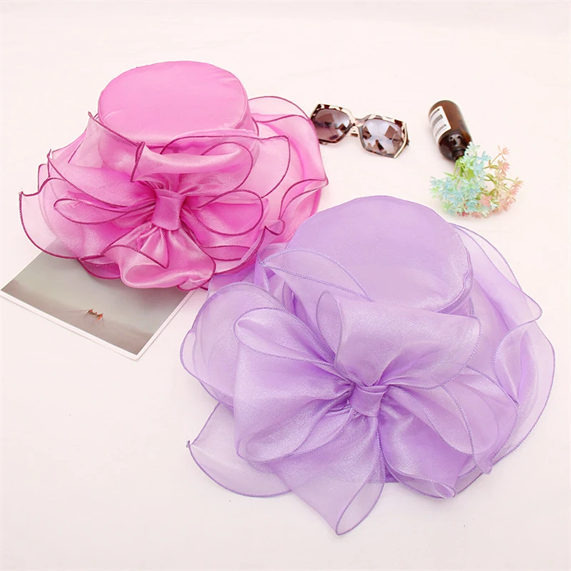 Summer Fashion Organza Lady Wide Brim Sun Hat For Women Elegant Wedding Tea Party Flower Hat Travel Beach Cap