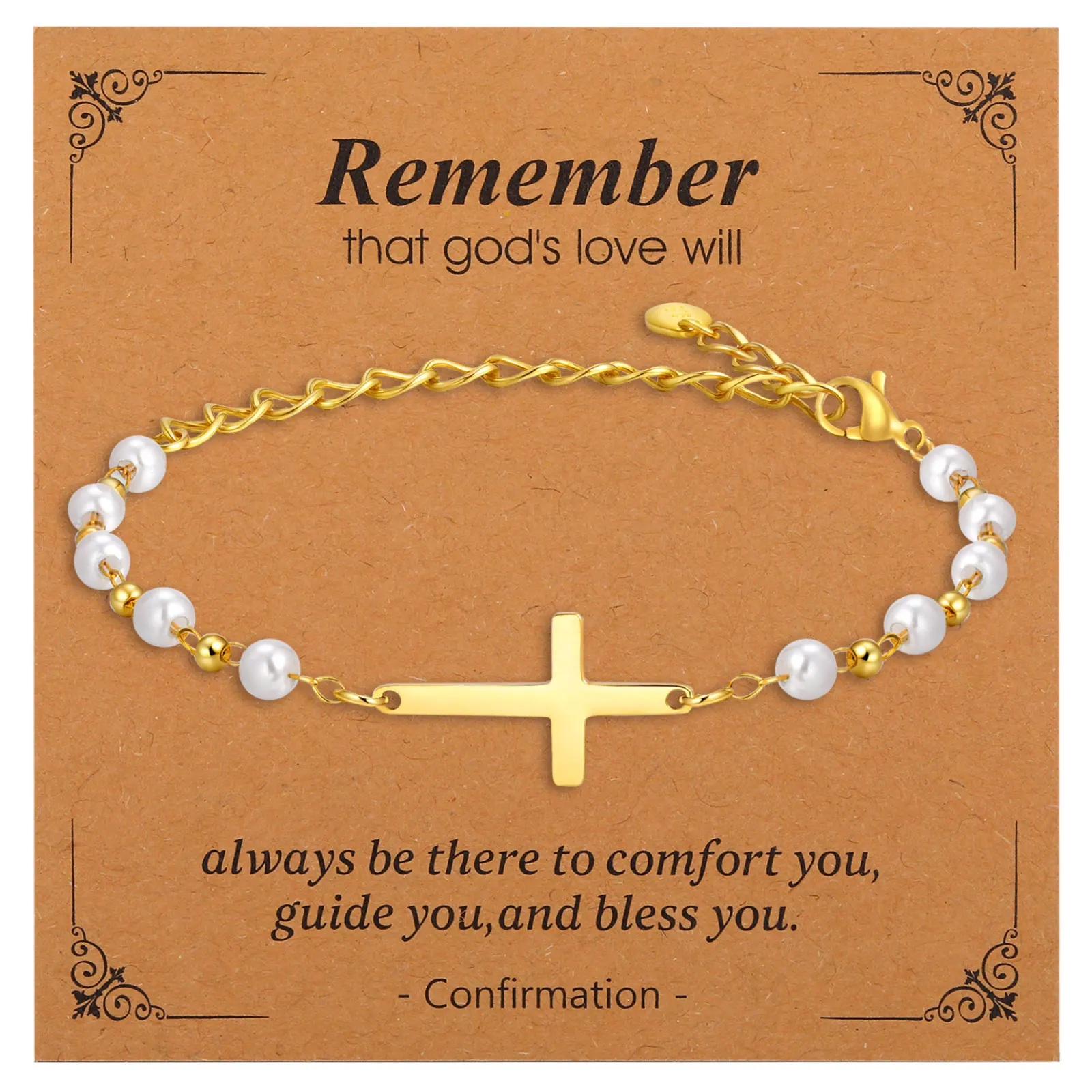 

18K Gold Plated Pearl Cross Children Bracelet, Adjustable Stainless Steel First Communion Baptism Gift for Girls Boys