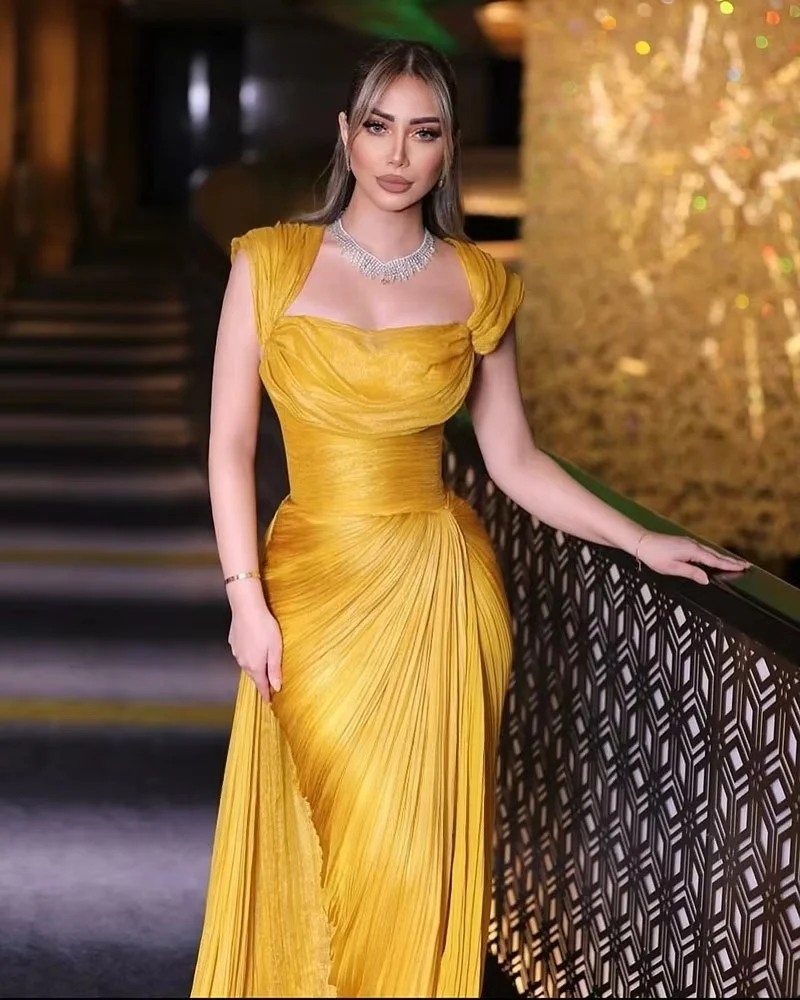 Women Golden Mermaid Prom Dresses Square Neck Cap Sleeve Pleated Floor Length Formal Evening Party Women Dresses