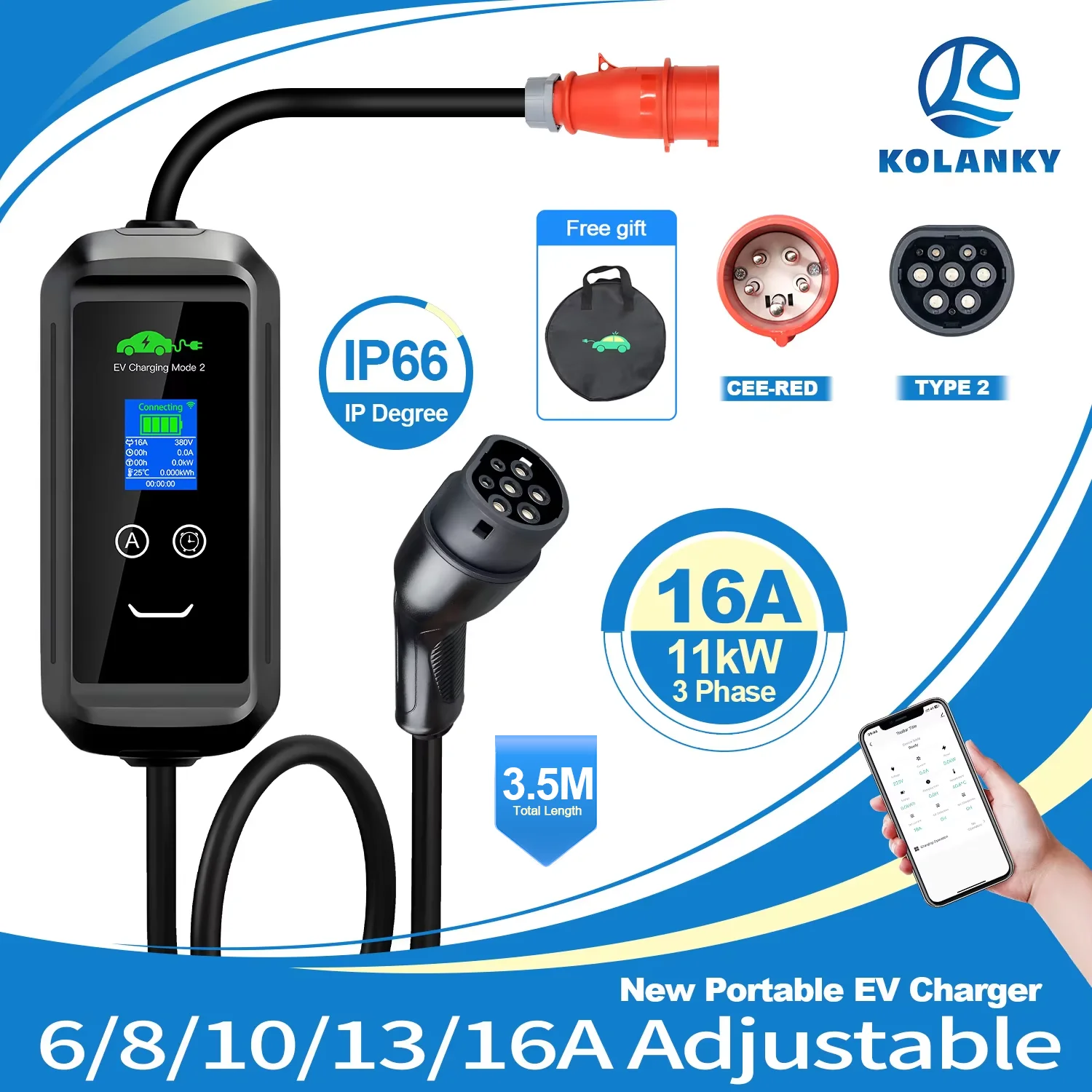 Type2 EV Charger 11KW 16A 3P Portable Car Charger Wi-Fi Tuya APP Control EVSE Charging Box Charging Station for Electric Car