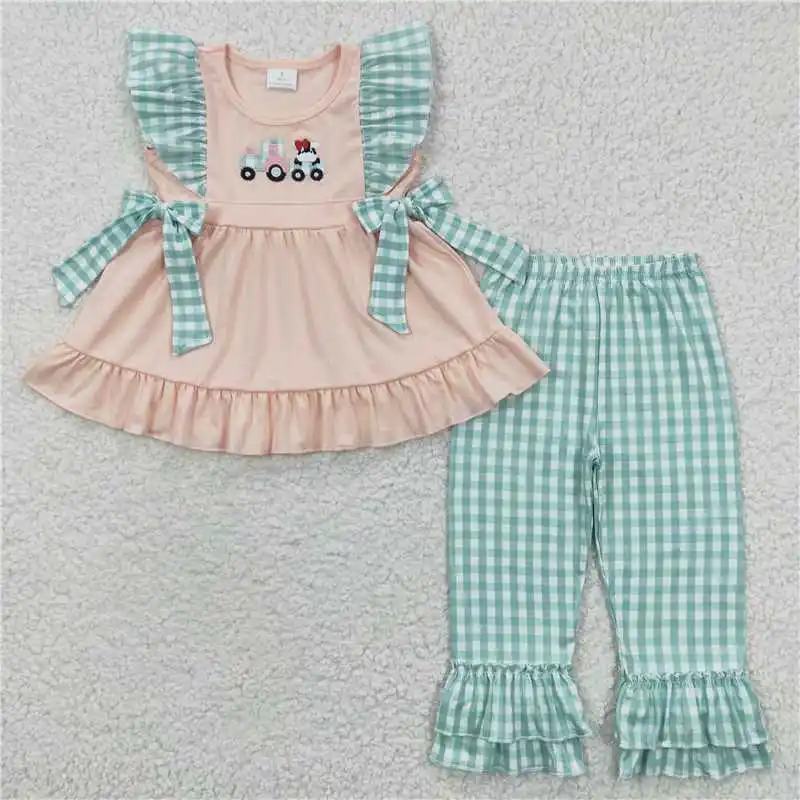 GSPO0447Wholesale Price Girl Summer  Embroidery Car Cow Pink Flying Sleeve green plaid trousers cute fashion suit