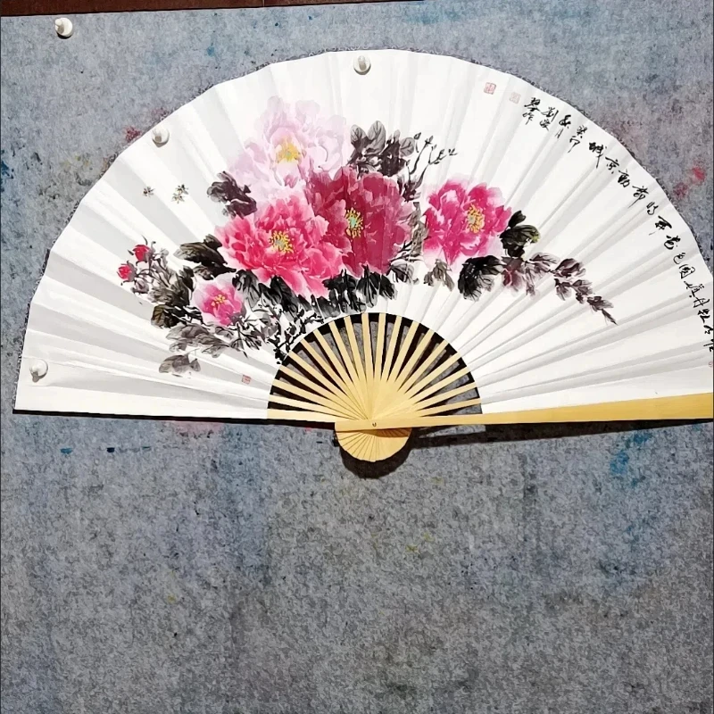 Large Blank Golden Foils Xuan Paper Fan Retro Wall Mount Painting Calligraphy DIY Paper Fan Oversize Home Decorative Folding Fan images - 6