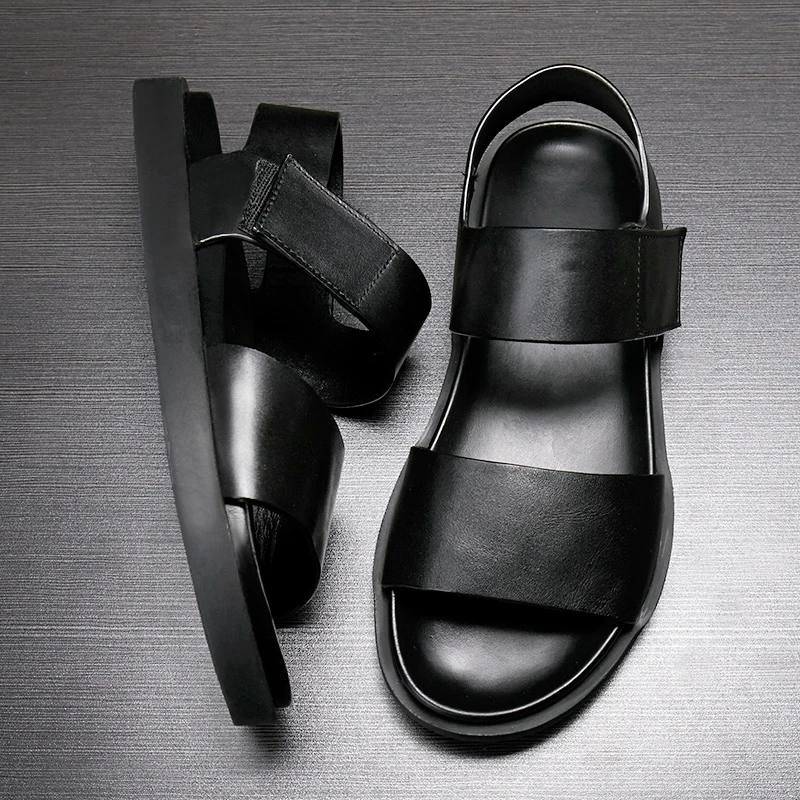 

Men's Summer Slip-On Sandals Comfortable Breathable Leather Beach oes Magic Tape Anti-Slip Platform Casual Flip Flops