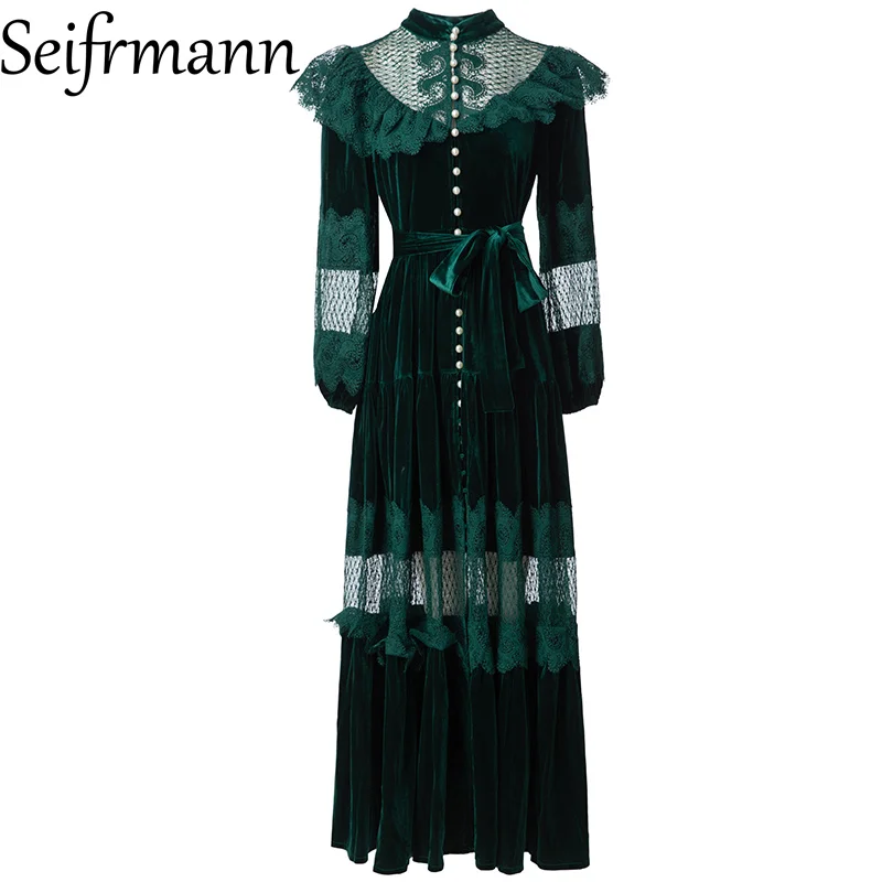 Seifrmann 2026 Wiosenna Nowa Kolekcja Damska Modna Sukienka z Kołnierzykiem Stójką, Długim Rękawem, Aksamitu, Koronkowymi Ramiączkami i Podkreśloną Talią