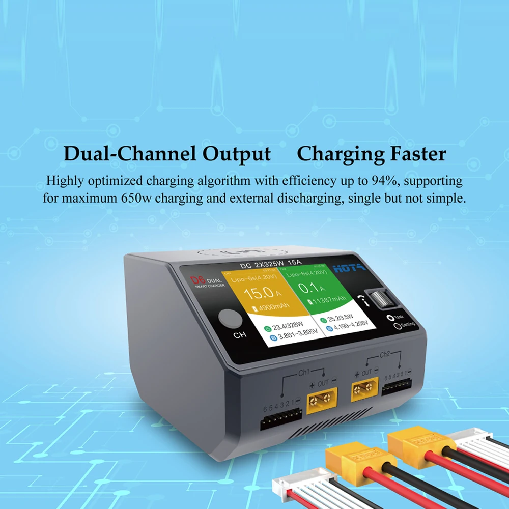 Caricabatteria ad alta potenza HOTA D6 Dual Channel Smart Phone caricabatterie Wireless per aerei radiocomandato caricabatterie due In uno