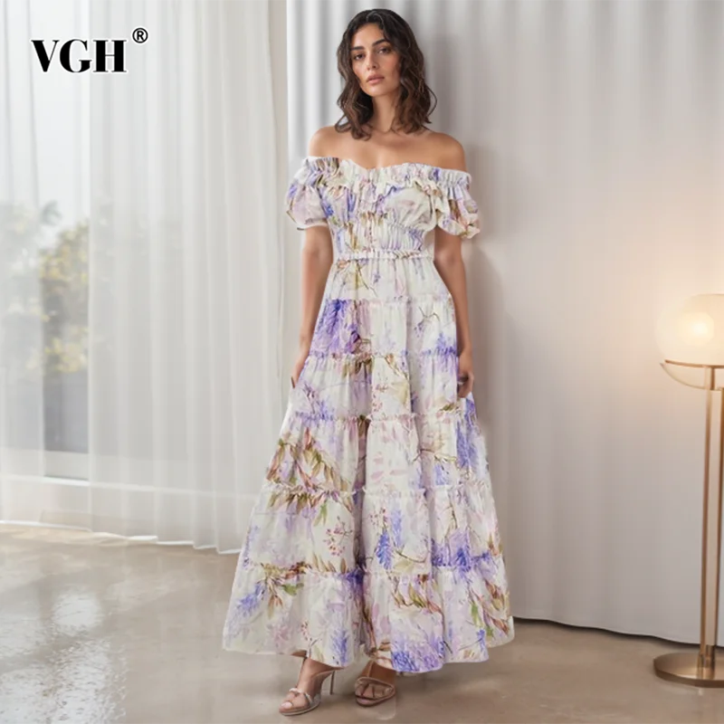 VGH Elegant Printing Dresses For Women Slash Neck Off Shoulder Short Sleeve High Waist Patchwork Lace Up Folds Long Dress Female