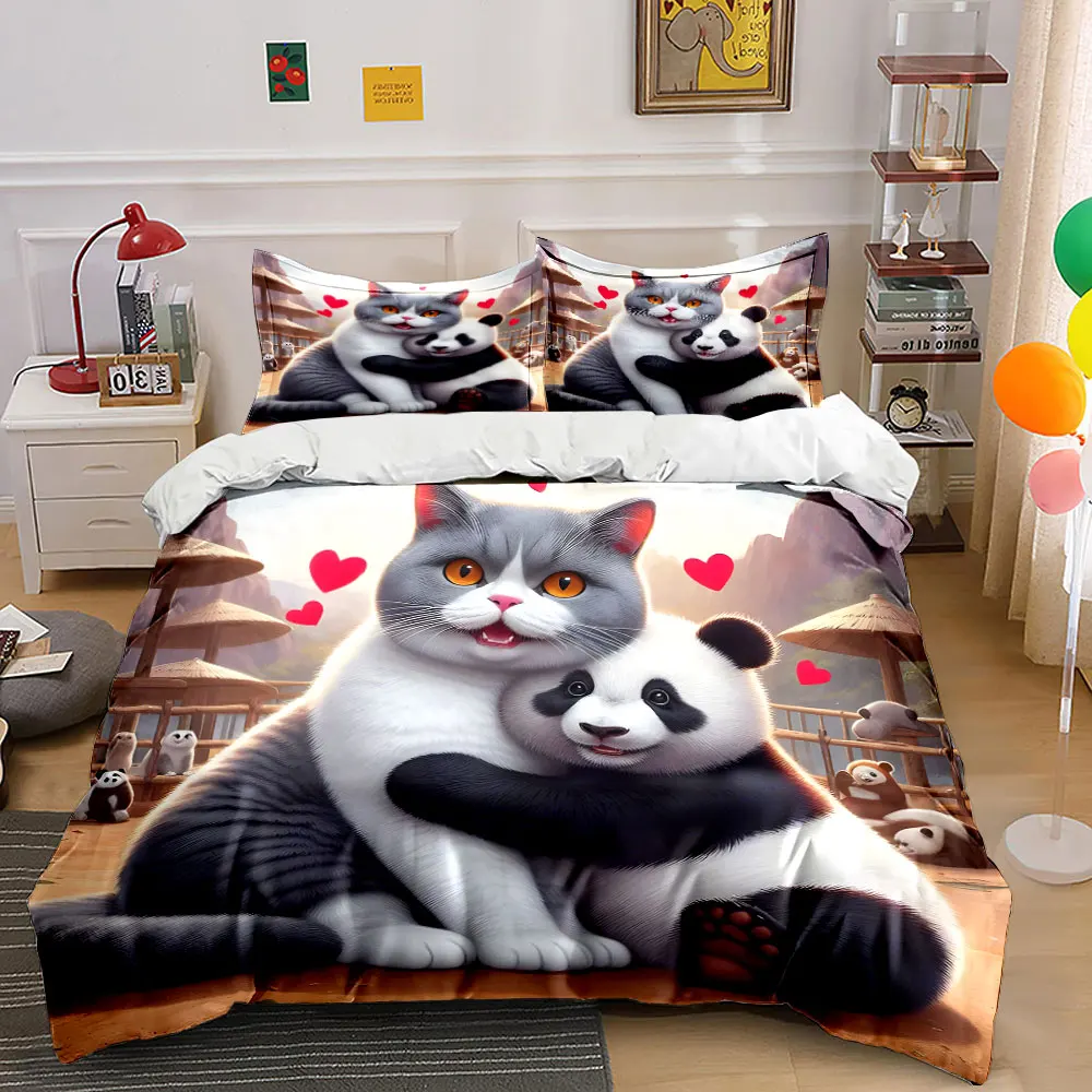 Cat and panda cuddling Pattern Duvet Cover Set Digital Print Colorful Polyester Bedding with Zipper Closur for kids gifts