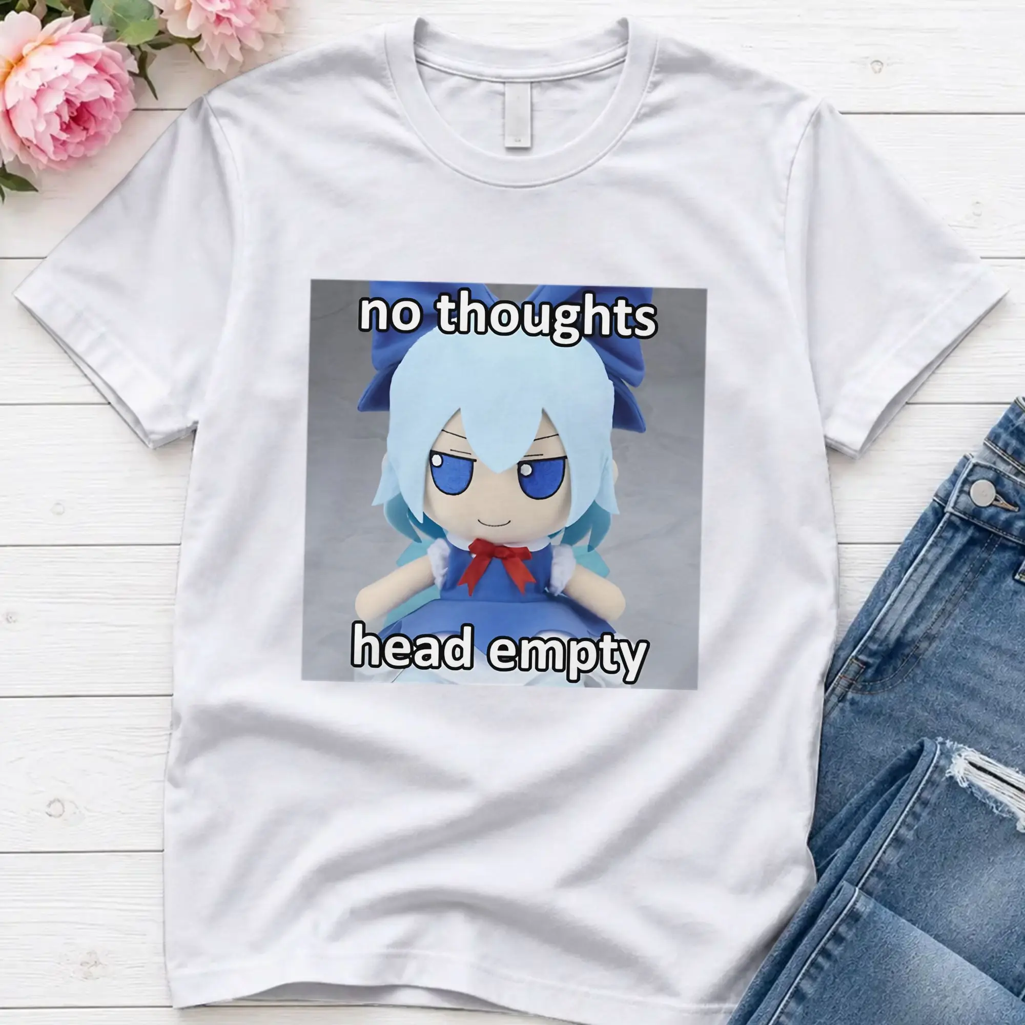 No Thoughts Head Empty Cirno  T Shirt Summer Touhou Project Pure Cotton T Shirts For Men Hippie Tshirt Short Sleeves Retro Tops