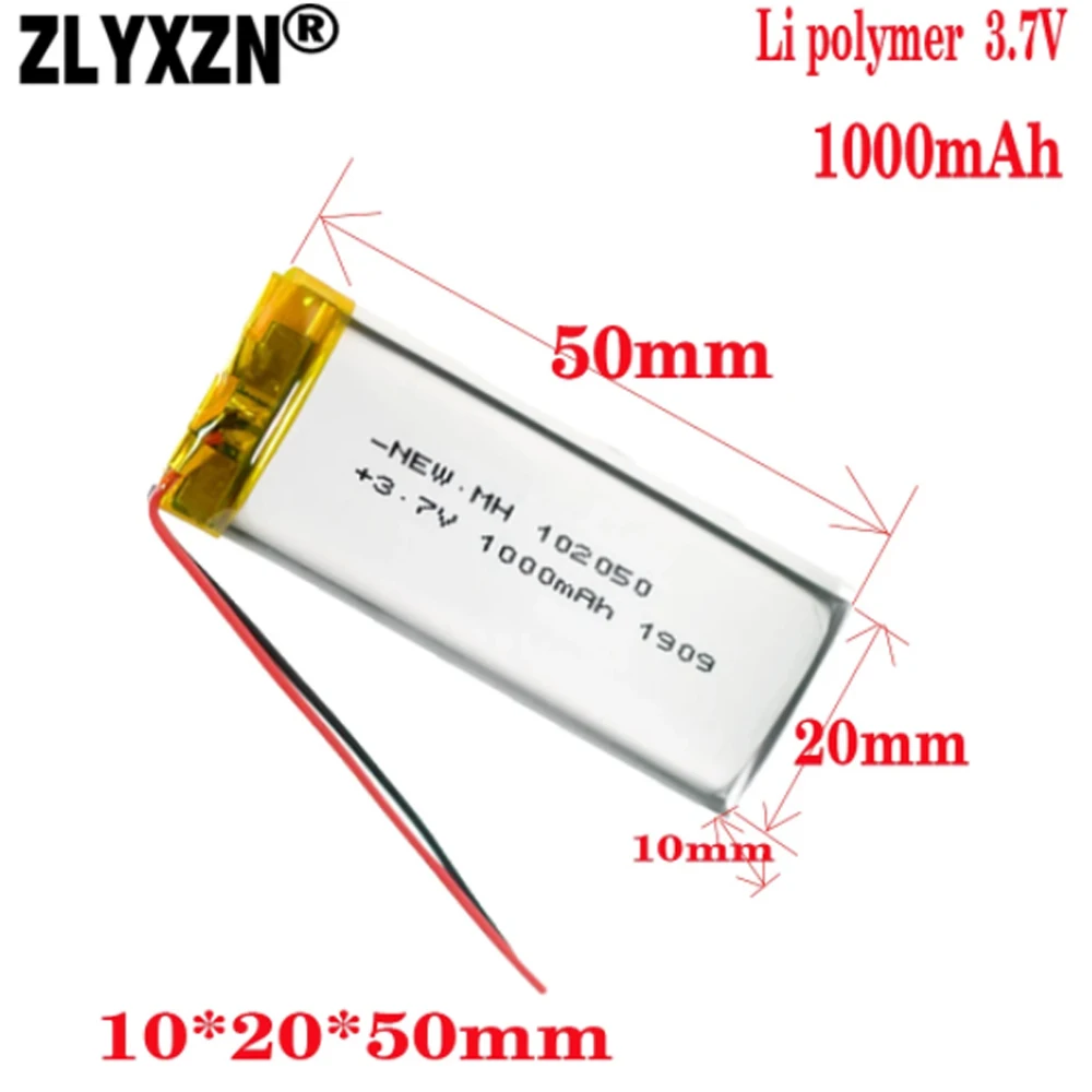 1-10pcs 3.7V Lipo cells 102050 1000mah Lithium Polymer Rechargeable Battery  For  Wireless mouse fanRecording pen LED light