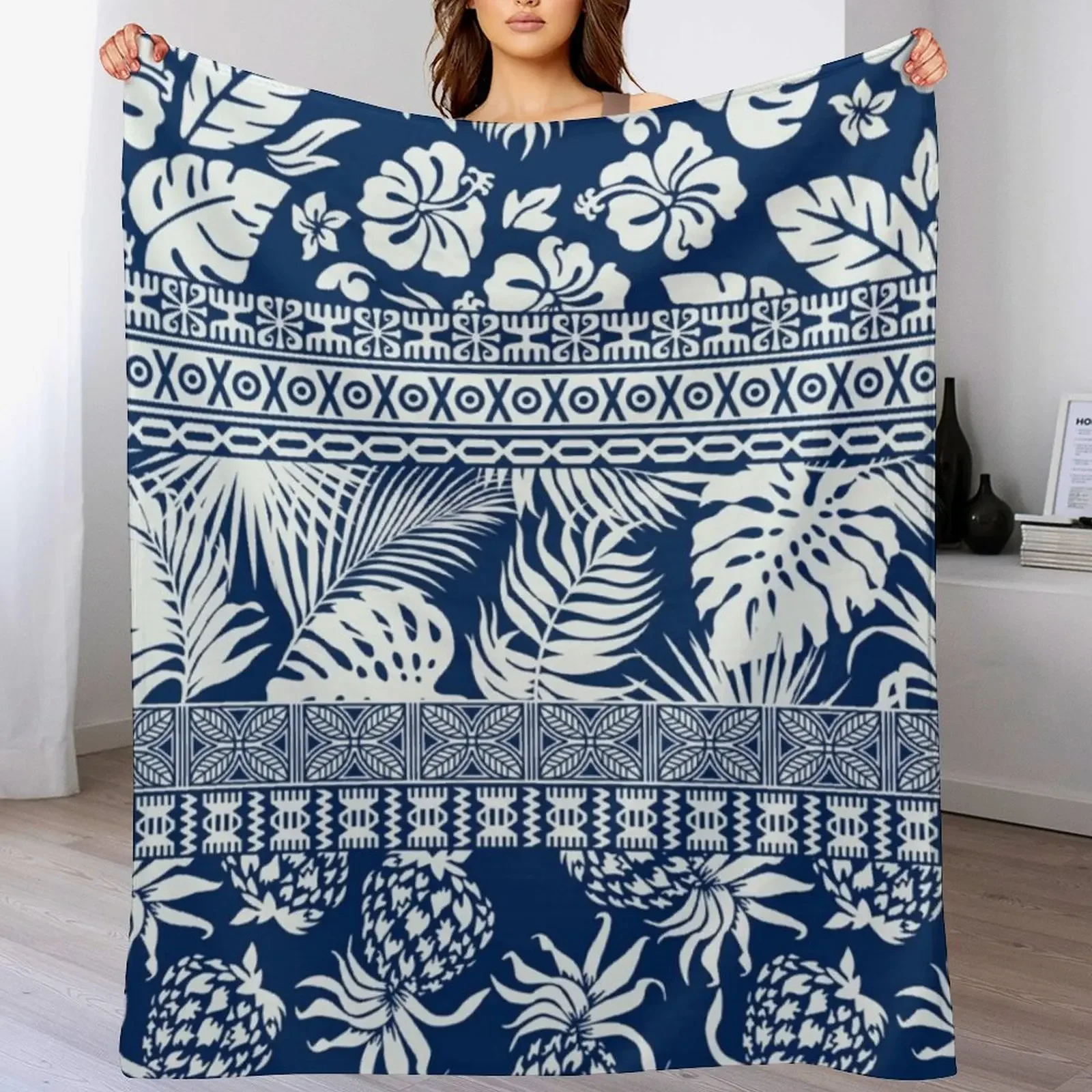 

Polynesian - Hawaiian Hibiscus Tribal blue Throw Blanket bed plaid halloween Blankets