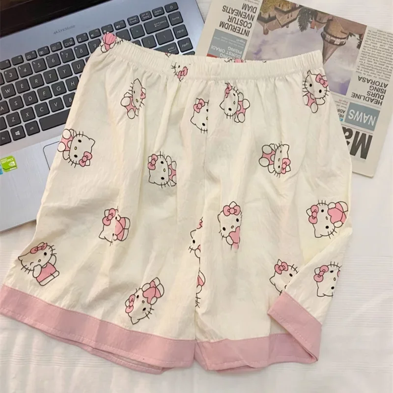 Sanrio Hello Kitty Summer Ice Silk Short Sleeve Shorts Casual Two-Piece Suit Women's Clothing Pajamas Pajamas Silk Pajamas Women