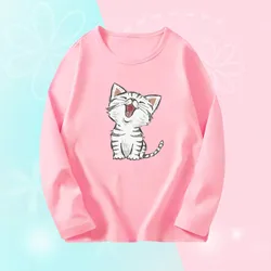 3~14 Years Girl Long Sleeve T-Shirts Cute Sweet Girl Tee Tops Cute Cat Graphic O-Neck Top Little Girl Casual T-Shirts