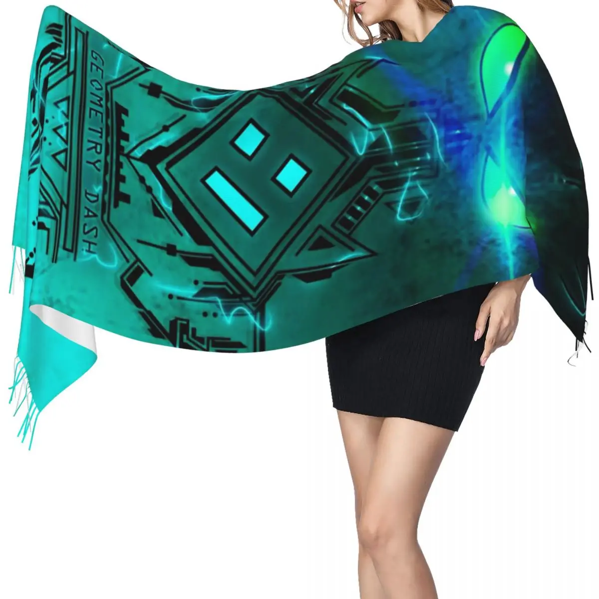 

Шарф с кисточками для видеоигр и геометрическим узором для женщин, мягкие теплые шали и накидки, большая осенне-зимняя шаль