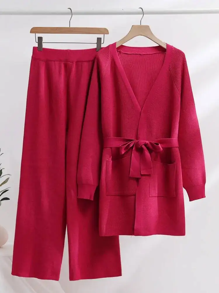 Winter Thicken Wide Leg Pants Knit Pocket Cardigan Coat Two-piece Set Women Autumn Fashion Loose Pants Suit Tracksuits Elegant