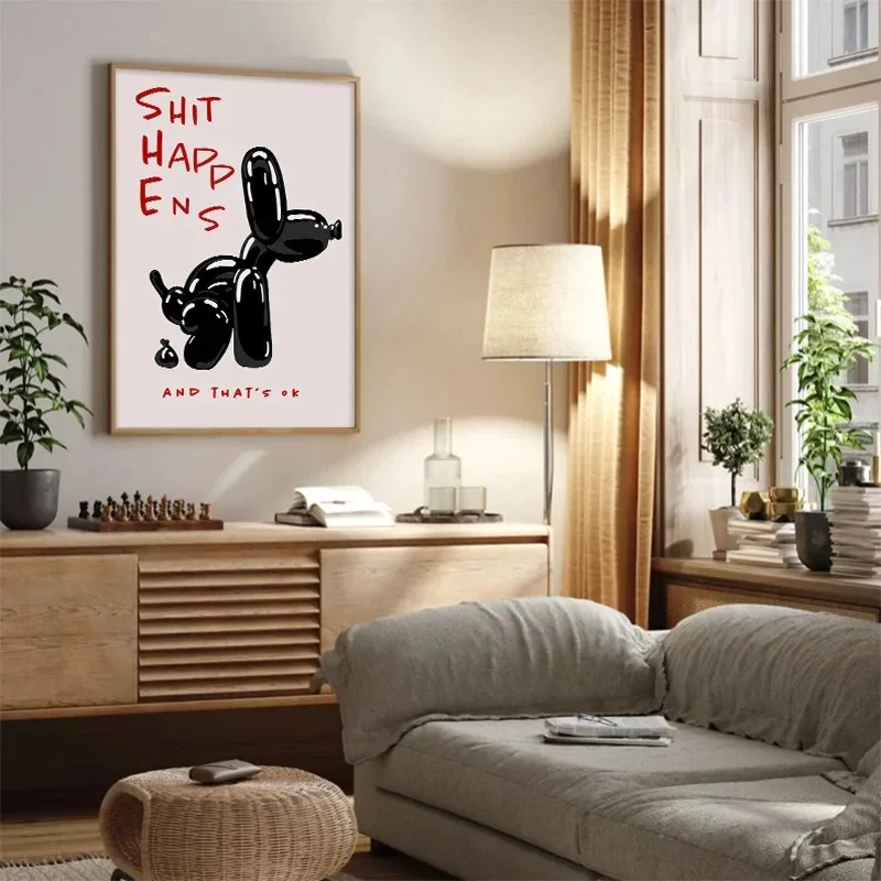 Modern Abstract Black Blue Balloon Dog Poster with Quote Shit Happens and That's Ok Canvas Painting Living Room Wall Art Decor