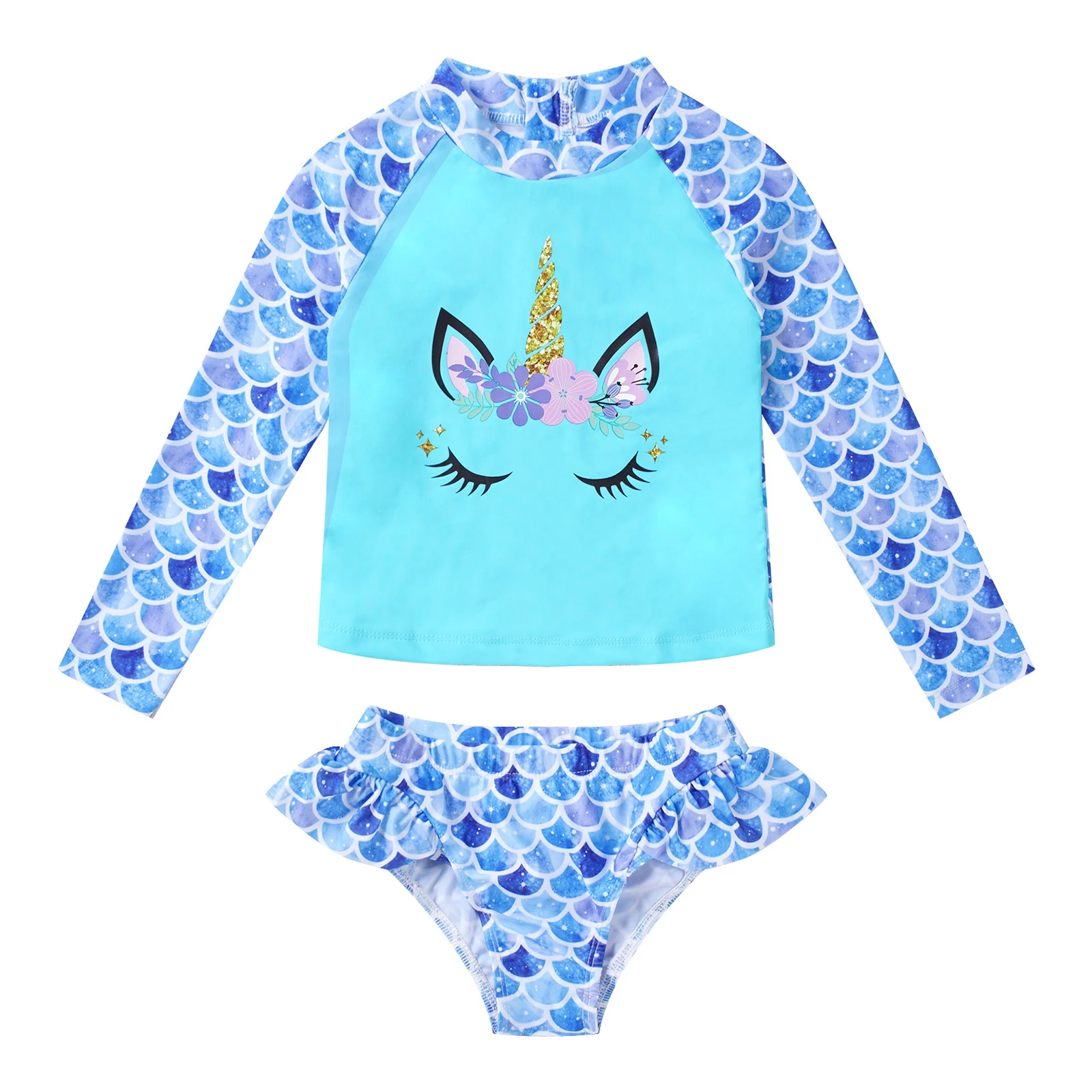 Kids Girls Brazilian 2Pcs Swimming Suit Swimwear Long Sleeve Cartoon Horse Print Tops Briefs Bikinis Set Beachwear Bathing Suits