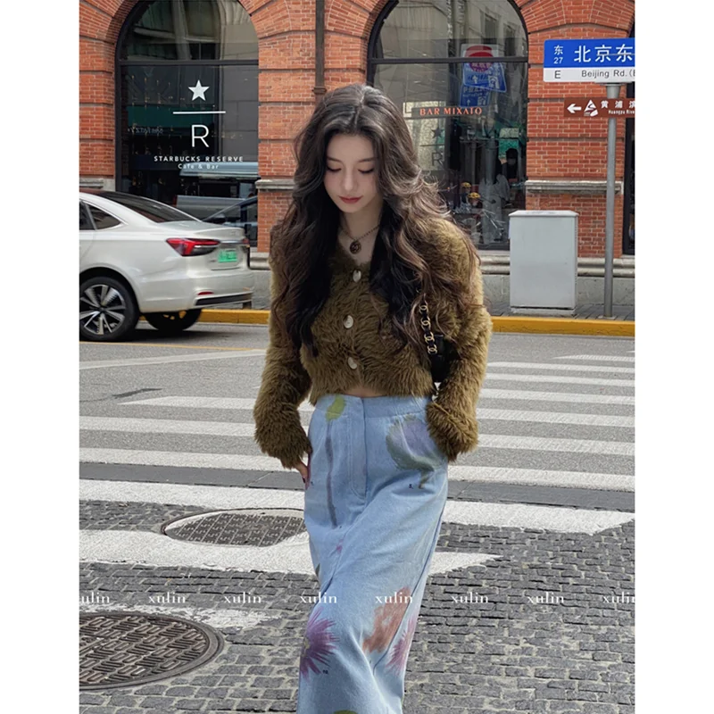 Women's 2022 New Imitation Mink Hair Green Knitted Sweater Temperament Comfortable Cardigan Versatile Autumn and Winter Coat