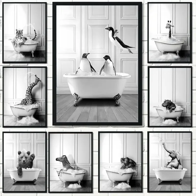 

Nordic Bathroom Animals Poster Elephant Penguin Giraffe Toilet Bathtub Black White Canvas Painting Retro Wall Art Home Decor