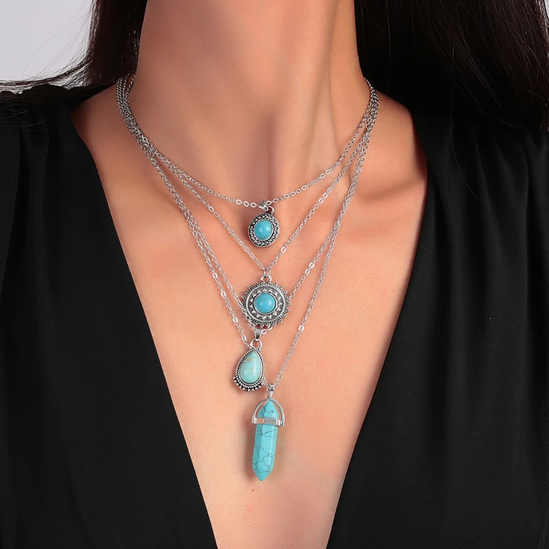 4 teile/satz Bohemia Türkis Stein Sonne Anhänger Halskette für Frauen Mädchen Party Festival Schmuck Geschenke – Detail 1