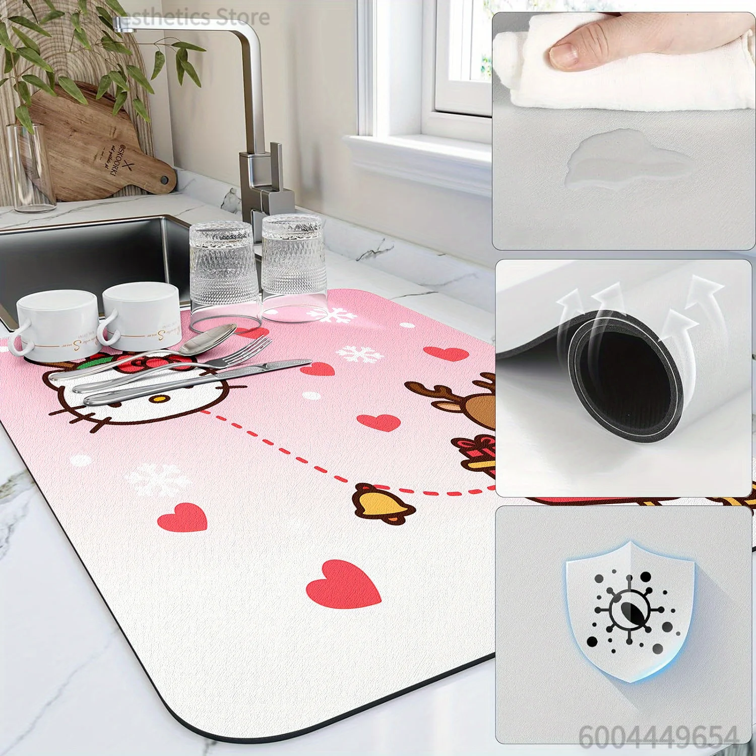 Tapete de Secagem Versátil para Máquina de Café - Resistente ao Calor, Hello Kitty e Trenó de Renas com Elementos Natalinos. Design Impresso