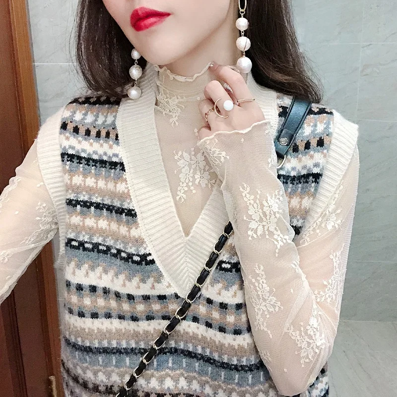 Ruffle Sleeve Lace Blouse Women's Fashion Inner Match Sweater Autumn Winter Sexy Tulle Fleece Thickened High Collar Top