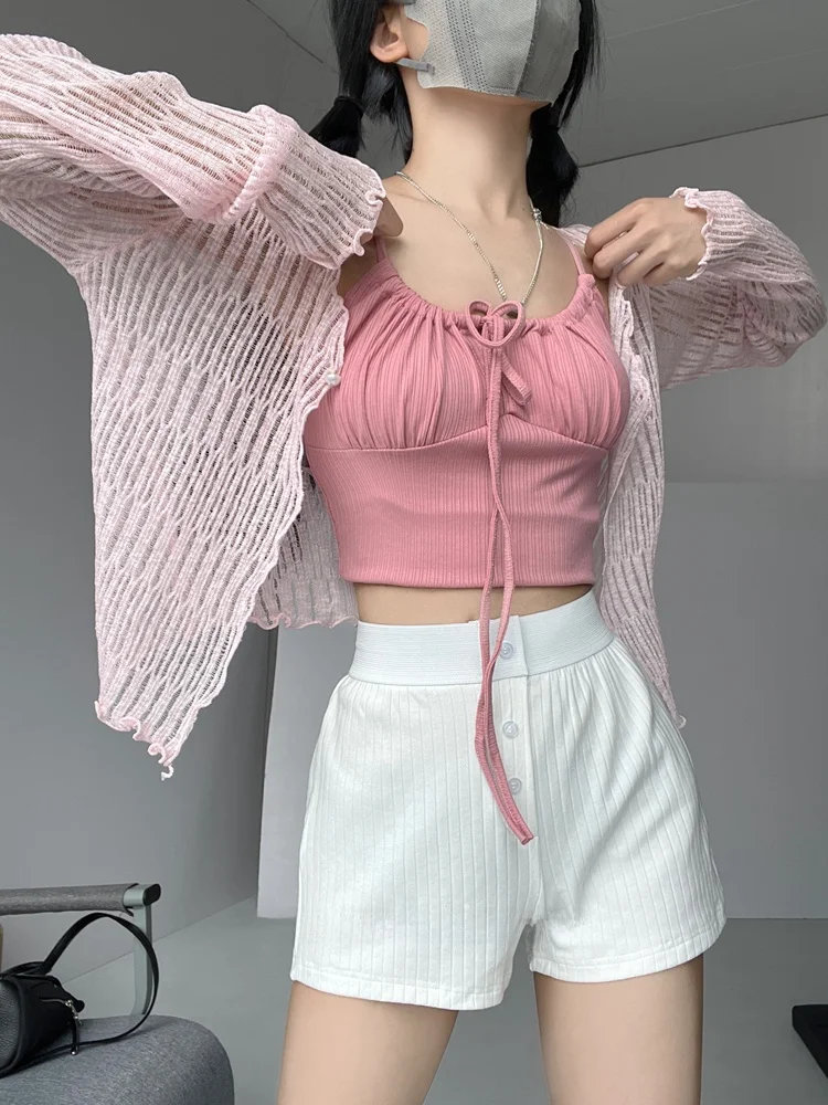 발레 소녀 매듭 화이트 스트랩 베스트 여성 여름 이너 핫걸 배꼽 노출 아우터웨어 스트릿 스타일 순수...