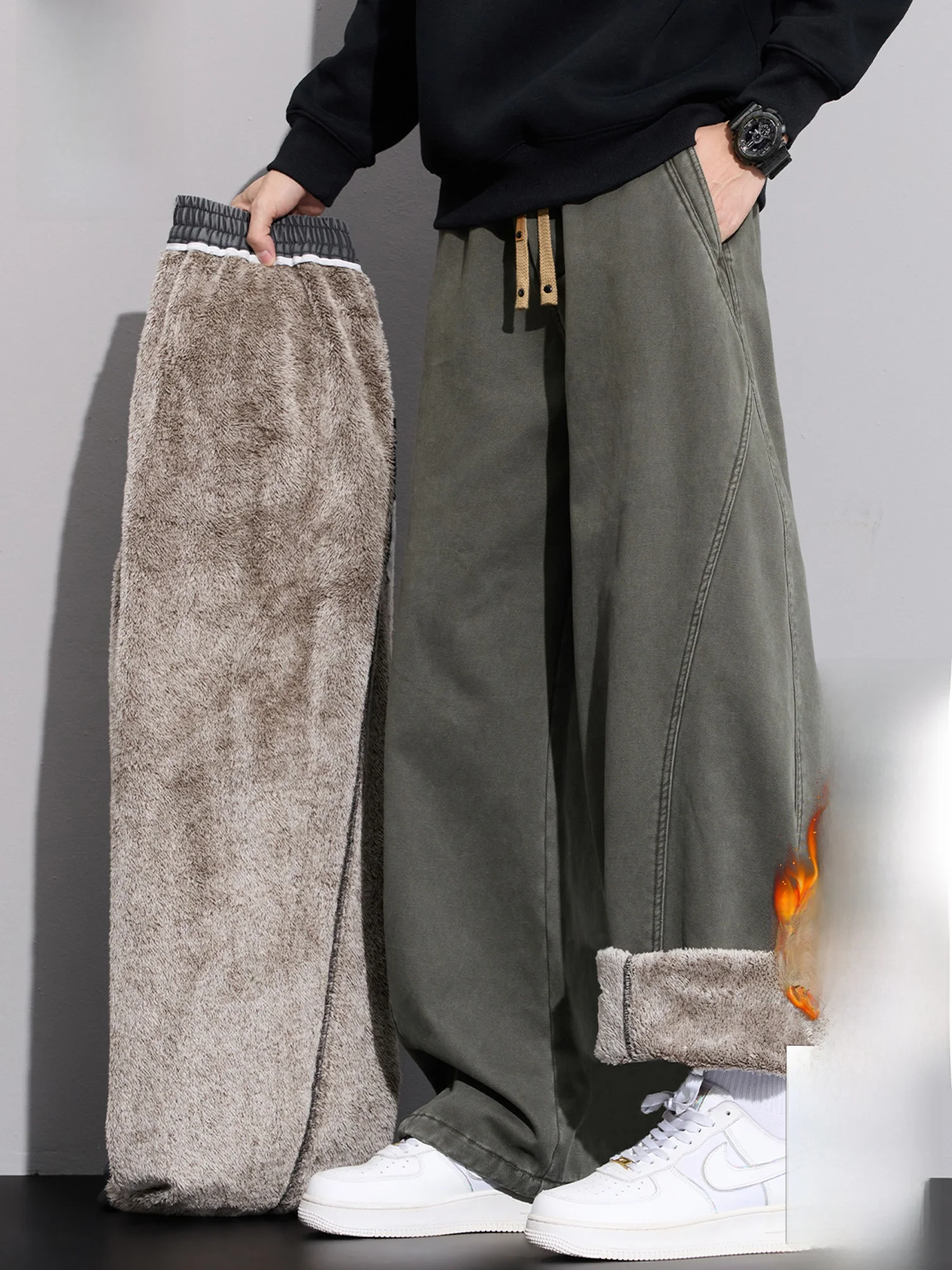 

PaulFrank Men's Fce Lined Casual Pants Loose Straight Leg Warm Winter Trousers Comfortable Cotton Vintage American Sle